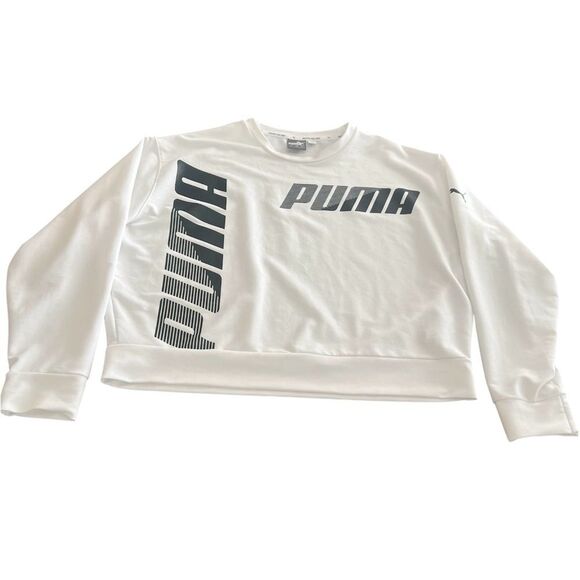 Puma White Crewneck cropped Sweatshirt with Sporty Logos size L - Picture 2 of 7